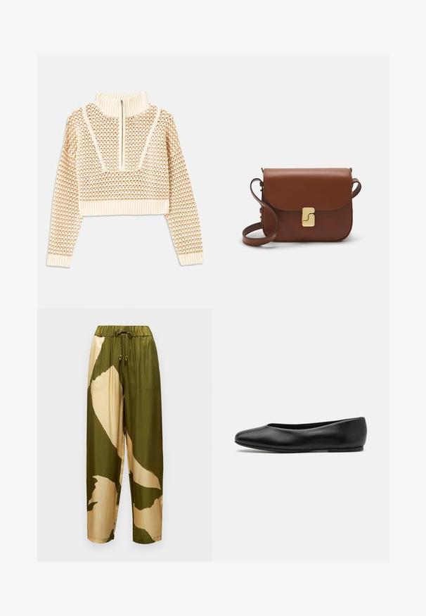Helles, beigefarbenes, kurzes Sweatshirt mit einem Reißverschlusskragen, das ein strukturiertes Muster sowie gerippte Bündchen und Saum aufweist. Kombiniert Strick- und Webmaterialien.; Satinhosen mit einem olivgrünen und beigen abstrakten Muster, elastischem Bund mit Kordelzug und schmal zulaufenden Beinen.; Paul Smith TOPANGA - Klassischer Ballerina - black; Braune Ledertasche mit Klappenverschluss, Beschlägen in Goldfarbe, einem Schultergurt und einer glatten Oberfläche. Kompakte rechteckige Form.