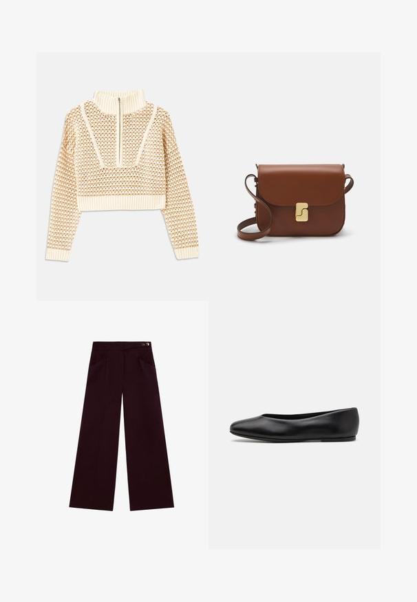 Pull en beige clair court avec un col montant zippé, présentant un motif texturé et des poignets et un ourlet côtelés. Combine des matériaux tricotés et tissés.; Pantalons évasés d'une profonde couleur bordeaux, fabriqués à partir d'un tissu lisse. Comprend deux poches avant et une fermeture à bouton à la taille.; Paul Smith TOPANGA - Ballerines - black; Sac à main en cuir marron avec une fermeture à rabat, des accents en métal doré, une bandoulière et une texture lisse. Forme rectangulaire compacte.