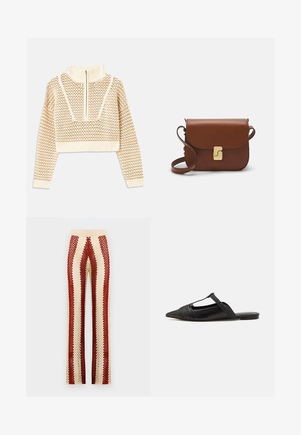 Svijetlo bež skraćeni džemper s rajsferšlusom i visokom ovratnikom, s teksturiranim uzorkom i rebrastim rukavima i rubom. Kombinira pletivo i tkaninu.; Kvačkani hlače s prilagojenim strukom, s izmjeničnim crvenim i krem horizontalnim prugama, širokim krojem nogavica i otvorenom tkaninom.; Crne kožne cipele s remenom oko pete i šiljastim vrhom, s pletenim naglaskom i nabranim gornjim dijelom. Ravni đon s minimalnim hardverom.; Smeđa kožna torba s preklopom, zlatnim detaljima, remenom za nošenje preko ramena i glatkom teksturom. Kompaktni pravokutni oblik.