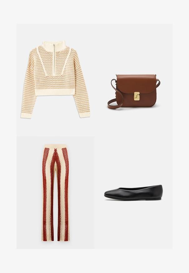 Lys beige cropped sweater med lynlås og høj hals, der har et struktureret mønster samt ribbede manchetter og nederste kant. Kombinerer strikkede og vævede materialer.; Hæklet bukser med tætsiddende talje, med skiftende røde og creme vertikale striber, bred benudskæring og åben vævning.; Paul Smith TOPANGA - Ballerinasko - black; Brun læder håndtaske med flaplukning, hardware i gyldent tone, en skulderrem og en glat overflade. Kompakt rektangulær form.