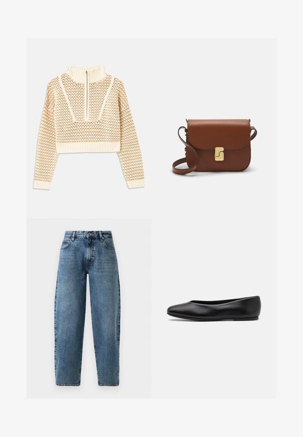 Pull en beige clair court avec un col montant zippé, présentant un motif texturé et des poignets et un ourlet côtelés. Combine des matériaux tricotés et tissés.; Jean en denim bleu clair avec une coupe droite, taille haute et des coutures minimalistes. Style classique à cinq poches avec quincaillerie en métal.; Paul Smith TOPANGA - Ballerines - black; Sac à main en cuir marron avec une fermeture à rabat, des accents en métal doré, une bandoulière et une texture lisse. Forme rectangulaire compacte.