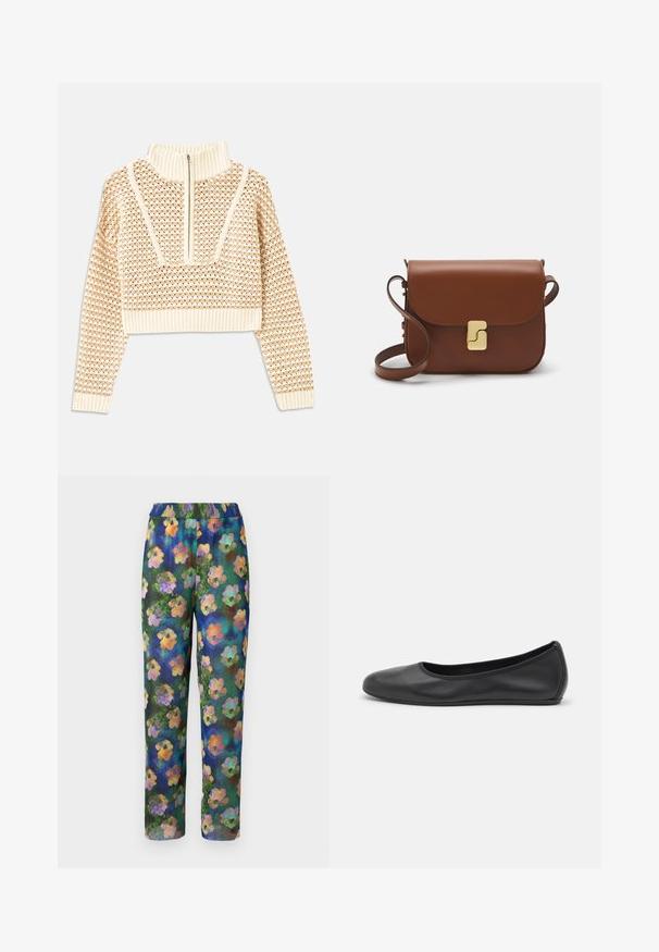 Svetilka svetlo bež barve s krajšim krojem in zadrgo na ovratniku, ki ima strukturiran vzorec ter rebraste manšete in spodnji rob. Združuje pletene in tkane materiale.; Hlače s cvetličnim vzorcem, ki se ponašajo z rebrasto teksturo, elastičnim pasom in zeleno-modro podlago s pisanimi cvetličnimi motivi skozi vse.; Črne usnjene balerinke z zaobljenim nosom, gladko teksturo, minimalnimi šivi in fleksibilno zasnovo podplata.; Rjava usnjena torbica s poklopcem, zlato obarvani okovi, naramnica in gladka tekstura. Kompaktna pravokotna oblika.
