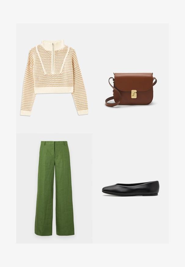 Light beige cropped sweater with a zippered mock neck, featuring a textured pattern and ribbed cuffs and hem. Combines knit and woven materials.; Weekend Max Mara MALIZIA - Trousers - green; Paul Smith TOPANGA - Ballet pumps - black; Brown leather handbag with a flap closure, gold-tone hardware, a shoulder strap, and a smooth texture. Compact rectangular shape.