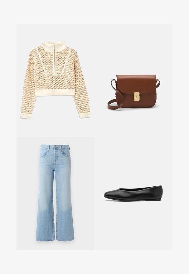 Svetilka svetlo bež barve s krajšim krojem in zadrgo na ovratniku, ki ima strukturiran vzorec ter rebraste manšete in spodnji rob. Združuje pletene in tkane materiale.; Svetlo modri flared modri džins hlače z visokim pasom, petimi žepi in subtilnim bledim delom blizu roba. Imajo standardni pas in gumb za zapiranje.; Paul Smith TOPANGA - Balerinke - black; Rjava usnjena torbica s poklopcem, zlato obarvani okovi, naramnica in gladka tekstura. Kompaktna pravokotna oblika.