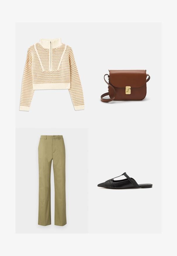 Pull en beige clair court avec un col montant zippé, présentant un motif texturé et des poignets et un ourlet côtelés. Combine des matériaux tricotés et tissés.; Pantalons khaki en mélange de coton, avec une coupe droite, des coutures visibles et des poches sur les côtés avant.; Chaussure en cuir noir à talon ouvert avec un bout pointu, présentant un accent tressé et un design supérieur plissé. Semelle plate avec un matériel minimal.; Sac à main en cuir marron avec une fermeture à rabat, des accents en métal doré, une bandoulière et une texture lisse. Forme rectangulaire compacte.