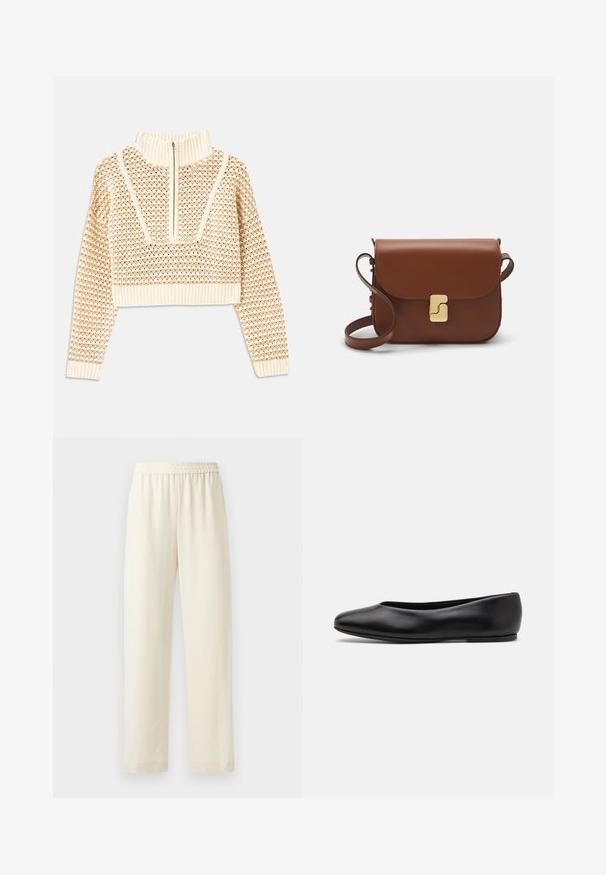 Light beige cropped sweater with a zippered mock neck, featuring a textured pattern and ribbed cuffs and hem. Combines knit and woven materials.; Cream-colored, straight-leg pants with an elastic waistband, smooth texture, and no visible patterns or hardware.; Paul Smith TOPANGA - Ballet pumps - black; Brown leather handbag with a flap closure, gold-tone hardware, a shoulder strap, and a smooth texture. Compact rectangular shape.