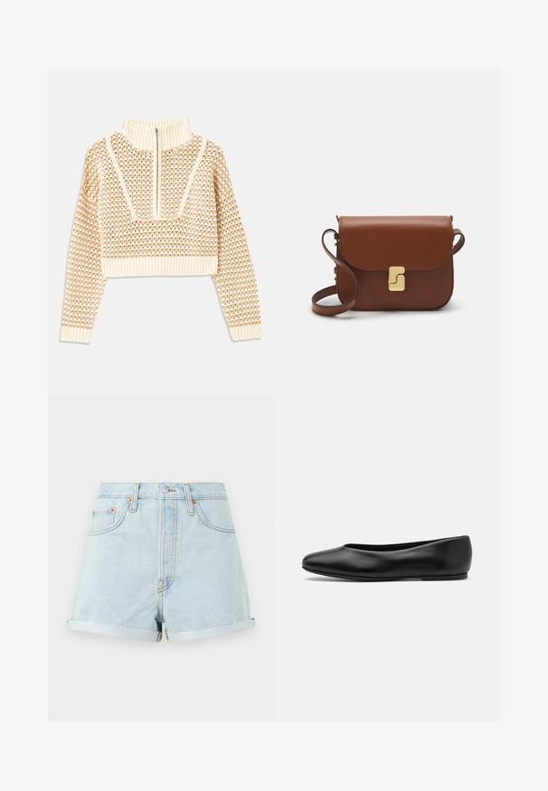 Sweater cropped de cor bege claro com gola alta com fecho, apresentando um padrão texturizado e mangas e bainha caneladas. Combina materiais tricotados e tecidos.; Calças de ganga de cor azul claro com uma cintura alta, punhos dobrados, rebites de cobre e um fecho éclair na parte da frente. Apresenta o clássico estilo de cinco bolsos.; Paul Smith TOPANGA - Sabrinas - black; Bolsa de couro castanho com fecho de aba, decoração em tom dourado, alça de ombro e textura suave. Formato retangular compacto.