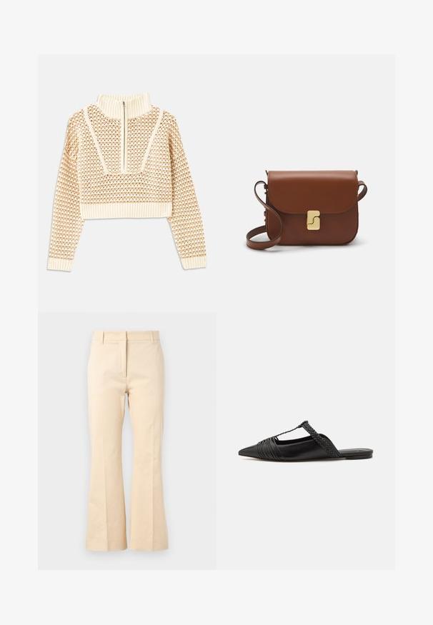 Light beige cropped sweater with a zippered mock neck, featuring a textured pattern and ribbed cuffs and hem. Combines knit and woven materials.; Beige flared trousers made of cotton. Features a smooth texture, straight waistband, and front crease for a tailored look.; Black leather slingback shoe with a pointed toe, featuring a woven accent and pleated upper design. Flat sole with minimal hardware.; Brown leather handbag with a flap closure, gold-tone hardware, a shoulder strap, and a smooth texture. Compact rectangular shape.