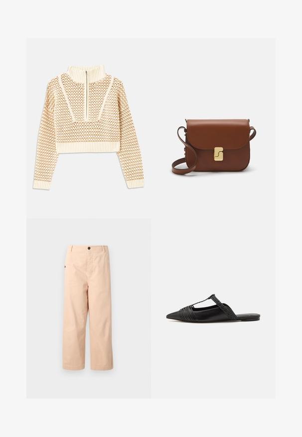 Licht beige cropped sweater met een ritskraag, voorzien van een textuurpatroon en geribde manchetten en onderrand. Combineert gebreide en geweven materialen.; Beige katoenen cropped broeken met een rechte pasvorm, voorzien van een enkele knop in de taille en zijzakken. Gladde textuur zonder patronen.; Zwarte leren slingback schoen met een puntige neus, voorzien van een gevlochten accent en geplooid ontwerp aan de bovenkant. Platte zool met minimale hardware.; Bruine leren handtas met een klep sluiting, gouden hardware, een schouderband en een gladde textuur. Compact rechthoekige vorm.