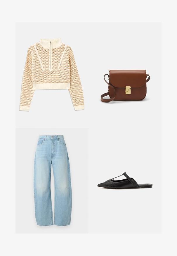 Svetilka svetlo bež barve s krajšim krojem in zadrgo na ovratniku, ki ima strukturiran vzorec ter rebraste manšete in spodnji rob. Združuje pletene in tkane materiale.; Svijetloplave traper široke hlače s visokim strukom, zatvaranjem na dugme i suptilnim izbljeđivanjem, sa ravnim krojevima i bez ukrasa.; Črne usnjene sandale s priponko, koničastim nosom in tkano dekoracijo ter gubanjem na zgornjem delu. Ravna podplata z minimalno opremo.; Rjava usnjena torbica s poklopcem, zlato obarvani okovi, naramnica in gladka tekstura. Kompaktna pravokotna oblika.