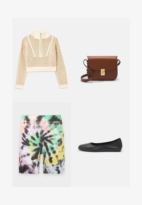 Pulover scurt de culoare bej deschis, cu guler tip mock cu fermoar, având un model texturat și manșete și tiv coagulate. Combină materiale tricotate și țesute.; Şorturi tie-dye cu un model combinat de culori pastelate: verde, roz, negru și galben. Fabricate dintr-un material moale și elastic.; Balerini din piele neagră, cu vârf rotund, textură netedă, detalii de cusătură minimale și un design al tălpii flexibil.; Geantă de piele maro cu închidere tip capac, accesorii de culoare aurie, curea de umăr și o textură netedă. Formă compactă și rectangulară.