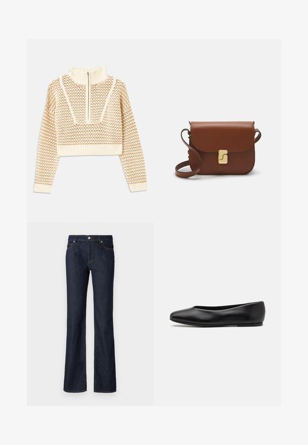 Light beige cropped sweater with a zippered mock neck, featuring a textured pattern and ribbed cuffs and hem. Combines knit and woven materials.; Dark blue denim jeans with a flared shape, five-pocket design, and contrasting orange stitching along the seams and pockets.; Paul Smith TOPANGA - Ballet pumps - black; Brown leather handbag with a flap closure, gold-tone hardware, a shoulder strap, and a smooth texture. Compact rectangular shape.