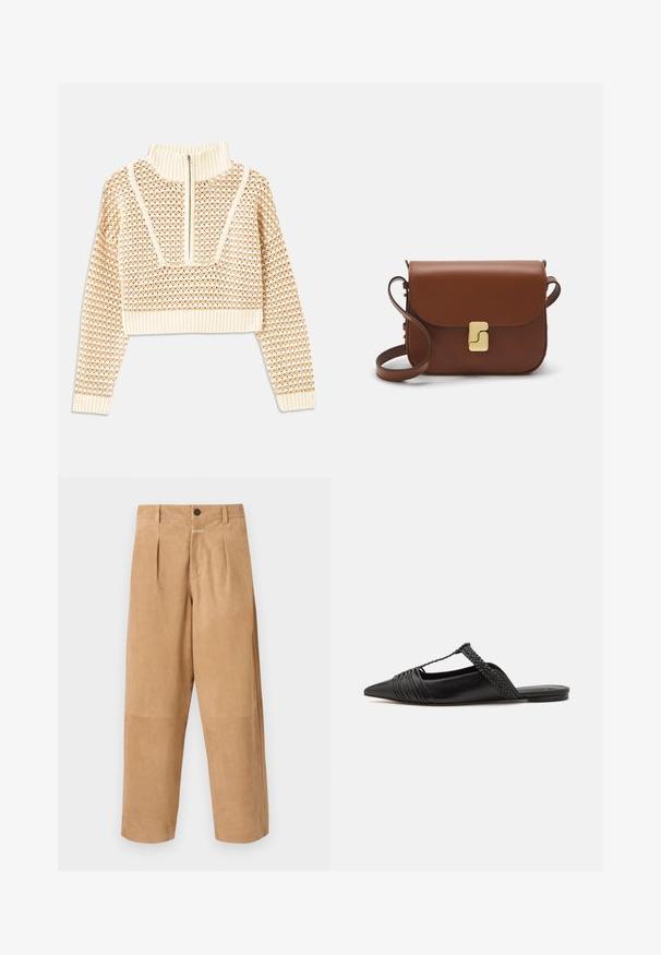 Licht beige cropped sweater met een ritskraag, voorzien van een textuurpatroon en geribde manchetten en onderrand. Combineert gebreide en geweven materialen.; Beige, suede broek met een relaxte pasvorm, voorzien van voorkniplijnen, een knoopsluiting en zakken aan de zijkanten. Soepele textuur over de hele broek.; Zwarte leren slingback schoen met een puntige neus, voorzien van een gevlochten accent en geplooid ontwerp aan de bovenkant. Platte zool met minimale hardware.; Bruine leren handtas met een klep sluiting, gouden hardware, een schouderband en een gladde textuur. Compact rechthoekige vorm.