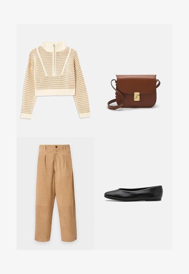 Lys beige cropped sweater med lynlås og høj hals, der har et struktureret mønster samt ribbede manchetter og nederste kant. Kombinerer strikkede og vævede materialer.; Beige, suedebukser med en afslappet pasform, der har frontfolder, knaplukning og lommer på siderne. Glat tekstur hele vejen igennem.; Paul Smith TOPANGA - Ballerinasko - black; Brun læder håndtaske med flaplukning, hardware i gyldent tone, en skulderrem og en glat overflade. Kompakt rektangulær form.