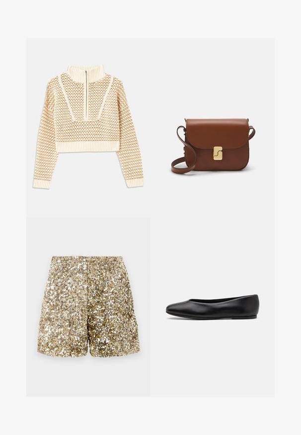 Ljusbeige kortad tröja med dragkedja i mock neck, med ett strukturerat mönster samt ribbade mudd och nederkant. Kombinerar stickade och vävda material.; Guldpaljettershorts med en glänsande yta, som har en lös passform och ett elastiskt midjeband. Paljetterna skapar en funklande effekt.; Paul Smith TOPANGA - Ballerinaskor - black; Brun läderhandväska med klaffstängning, guldfärgad hårdvara, axelrem och en slät yta. Kompakt rektangulär form.
