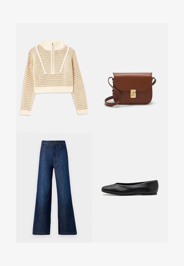 Lys beige cropped sweater med lynlås og høj hals, der har et struktureret mønster samt ribbede manchetter og nederste kant. Kombinerer strikkede og vævede materialer.; Bredde ben jeans lavet af mørkeblå denim. Har fem lommer, en frontknaplukning og synlig syning langs taljebåndet og kanten.; Paul Smith TOPANGA - Ballerinasko - black; Brun læder håndtaske med flaplukning, hardware i gyldent tone, en skulderrem og en glat overflade. Kompakt rektangulær form.
