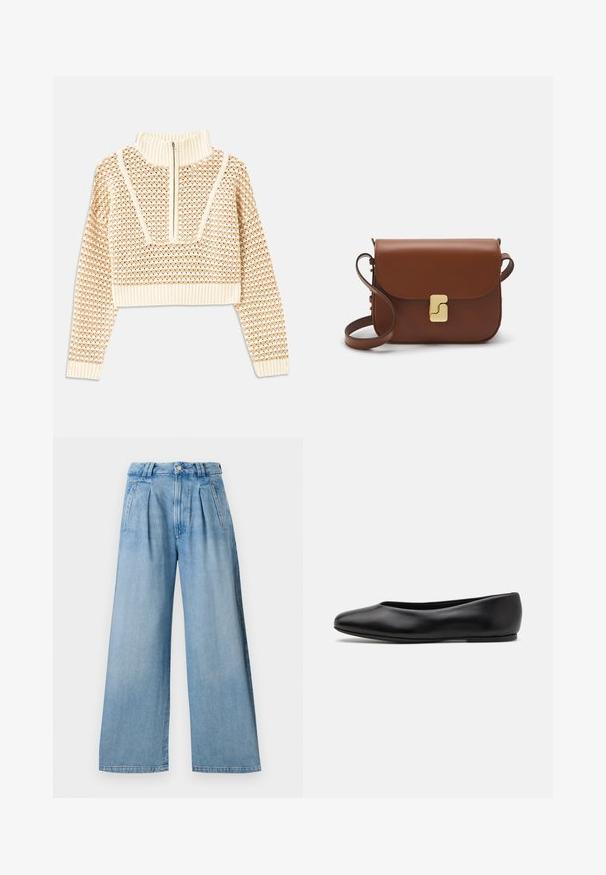 Sweater cropped de cor bege claro com gola alta com fecho, apresentando um padrão texturizado e mangas e bainha caneladas. Combina materiais tricotados e tecidos.; Calças largas azul-claro com pregas na cintura, dois bolsos laterais e fecho de botão. Feitas de tecido denim com uma textura suave.; Paul Smith TOPANGA - Sabrinas - black; Bolsa de couro castanho com fecho de aba, decoração em tom dourado, alça de ombro e textura suave. Formato retangular compacto.