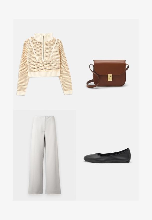 Light beige cropped sweater with a zippered mock neck, featuring a textured pattern and ribbed cuffs and hem. Combines knit and woven materials.; Wide-leg trousers in light grey fabric, featuring a clean front pleat, tailored seams, and a smooth texture.; Black leather ballet flat with a rounded toe, smooth texture, minimal stitching detail, and a flexible sole design.; Brown leather handbag with a flap closure, gold-tone hardware, a shoulder strap, and a smooth texture. Compact rectangular shape.