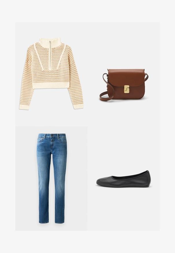 Light beige cropped sweater with a zippered mock neck, featuring a textured pattern and ribbed cuffs and hem. Combines knit and woven materials.; Blue denim jeans with a straight leg design, featuring a button closure, five pockets, and subtle fading. Smooth texture with orange stitching.; Black leather ballet flat with a rounded toe, smooth texture, minimal stitching detail, and a flexible sole design.; Brown leather handbag with a flap closure, gold-tone hardware, a shoulder strap, and a smooth texture. Compact rectangular shape.