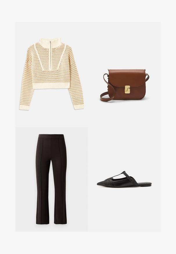 Light beige cropped sweater with a zippered mock neck, featuring a textured pattern and ribbed cuffs and hem. Combines knit and woven materials.; Black tailored pants with a fitted waistband, flat front, and slight flares at the hem, made from a smooth, stretchy fabric.; Black leather slingback shoe with a pointed toe, featuring a woven accent and pleated upper design. Flat sole with minimal hardware.; Brown leather handbag with a flap closure, gold-tone hardware, a shoulder strap, and a smooth texture. Compact rectangular shape.