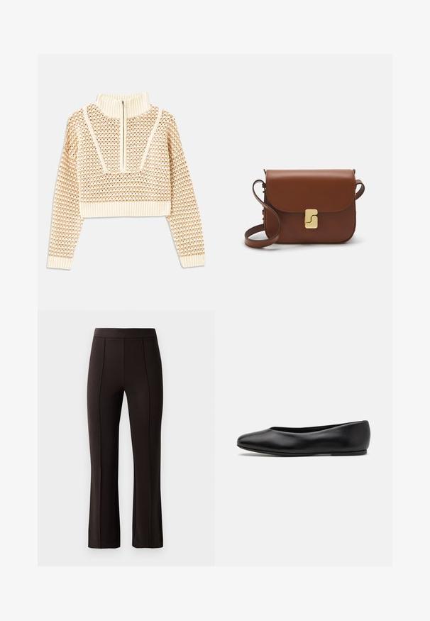 Light beige cropped sweater with a zippered mock neck, featuring a textured pattern and ribbed cuffs and hem. Combines knit and woven materials.; Black tailored pants with a fitted waistband, flat front, and slight flares at the hem, made from a smooth, stretchy fabric.; Paul Smith TOPANGA - Ballet pumps - black; Brown leather handbag with a flap closure, gold-tone hardware, a shoulder strap, and a smooth texture. Compact rectangular shape.