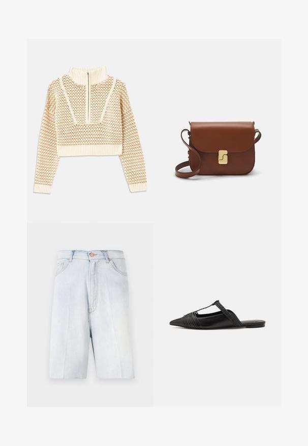 Vaalea beige lyhyt neulepusero, jossa on vetoketjukiinnitteinen korkea kaulus. Se esittelee teksturoidun kuosin ja ribbireunat hihoissa ja helmassaan. Yhdistelmä neulotusta ja kudotusta materiaalista.; Vaaleansiniset farkkushortsit, joissa on rento malli. Shortseissa on napitus, vyölenkit ja etutaskut; sileä pinta ja haalistunut pesu.; Musta nahkasandaali, jossa on terävä kärki, somistettuna kudotulla yksityiskohdalla ja pleatatuilla yläosilla. Litteä pohja, jossa on vähäisiä tarvikkeita.; Ruskea nahkainen käsilaukku, jossa on läppäkiinnitys, kultasävyiset yksityiskohdat, olkahihna ja sileä pinta. Kompaktin suorakaiteen muotoinen.