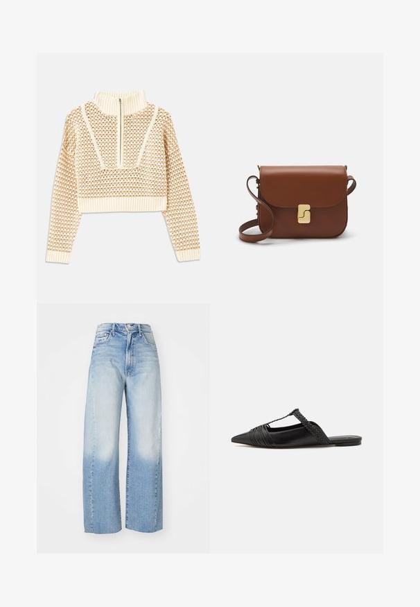 Svetilka svetlo bež barve s krajšim krojem in zadrgo na ovratniku, ki ima strukturiran vzorec ter rebraste manšete in spodnji rob. Združuje pletene in tkane materiale.; Svijetloplavi traper široki traperice s gradijentnim izbljeđivanjem od svijetloplave do tamnije plave, s pet džepova i visokim strukom.; Črne usnjene sandale s priponko, koničastim nosom in tkano dekoracijo ter gubanjem na zgornjem delu. Ravna podplata z minimalno opremo.; Rjava usnjena torbica s poklopcem, zlato obarvani okovi, naramnica in gladka tekstura. Kompaktna pravokotna oblika.