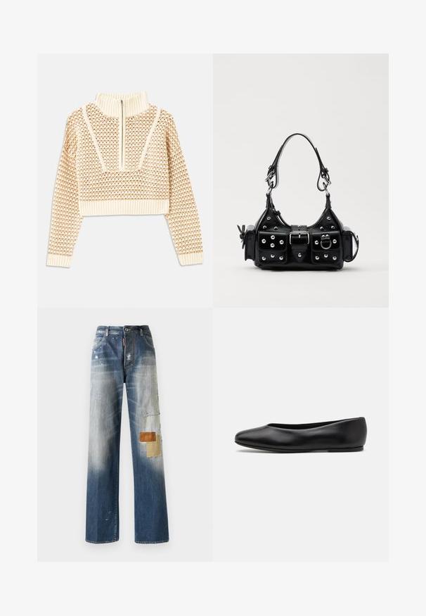Light beige cropped sweater with a zippered mock neck, featuring a textured pattern and ribbed cuffs and hem. Combines knit and woven materials.; Blue denim jeans featuring a loose fit, faded sections, and various textured patches in brown and beige on the left leg. Light distressing visible.; Paul Smith TOPANGA - Ballet pumps - black; Black leather handbag with a curved design, featuring silver studs, a buckle, and two side pockets. Adjustable strap for carrying options.