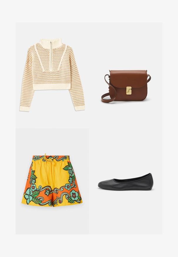 Svetilka svetlo bež barve s krajšim krojem in zadrgo na ovratniku, ki ima strukturiran vzorec ter rebraste manšete in spodnji rob. Združuje pletene in tkane materiale.; Rumene in oranžne kratke hlače z cvetličnim potiskom v zeleni in rjavi barvi. Elastični pas z vrvico, izdelane iz lahkotnega materiala.; Črne usnjene balerinke z zaobljenim nosom, gladko teksturo, minimalnimi šivi in fleksibilno zasnovo podplata.; Rjava usnjena torbica s poklopcem, zlato obarvani okovi, naramnica in gladka tekstura. Kompaktna pravokotna oblika.
