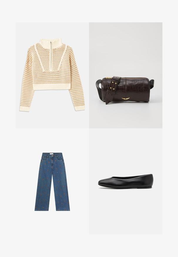 Helles, beigefarbenes, kurzes Sweatshirt mit einem Reißverschlusskragen, das ein strukturiertes Muster sowie gerippte Bündchen und Saum aufweist. Kombiniert Strick- und Webmaterialien.; Breite blaue Denim-Jeans mit gestickten floralem Mustern in Orange und Weiß, mit einem Knopfverschluss und Vorderaschen.; Paul Smith TOPANGA - Klassischer Ballerina - black; Braune, krokodilgeprägte Lederhandtasche mit zylindrischer Form, goldfarbener Hardware und einem abnehmbaren Tragegurt mit Nieten.