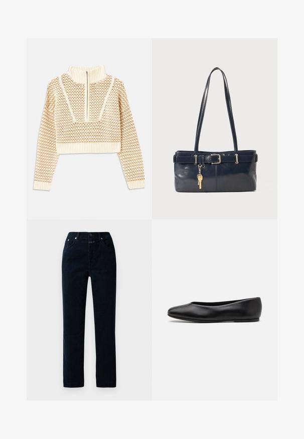 Šviesiai kreminis sutrumpintas megztinis su užtrauktuku ir apykakle, turintis tekstūruotą raštą bei gaubtus ir apykaklę su banguotais kraštais. Sujungia megztą ir audinį.; Jūriniai džinsinio audinio keliai su tiesiu kojų dizainu, turintys priekinės kišenes, užtrauktuką ir metalinius mygtukų akcentus ant juosmens.; Paul Smith TOPANGA - Balerinos stiliaus laivutės - black; Jūrinės odos rankinė su dviem ilgais rankenomis, sagties detalė ir pridėtas raktų pakabukas. Turi lygią tekstūrą ir stačiakampio formą.