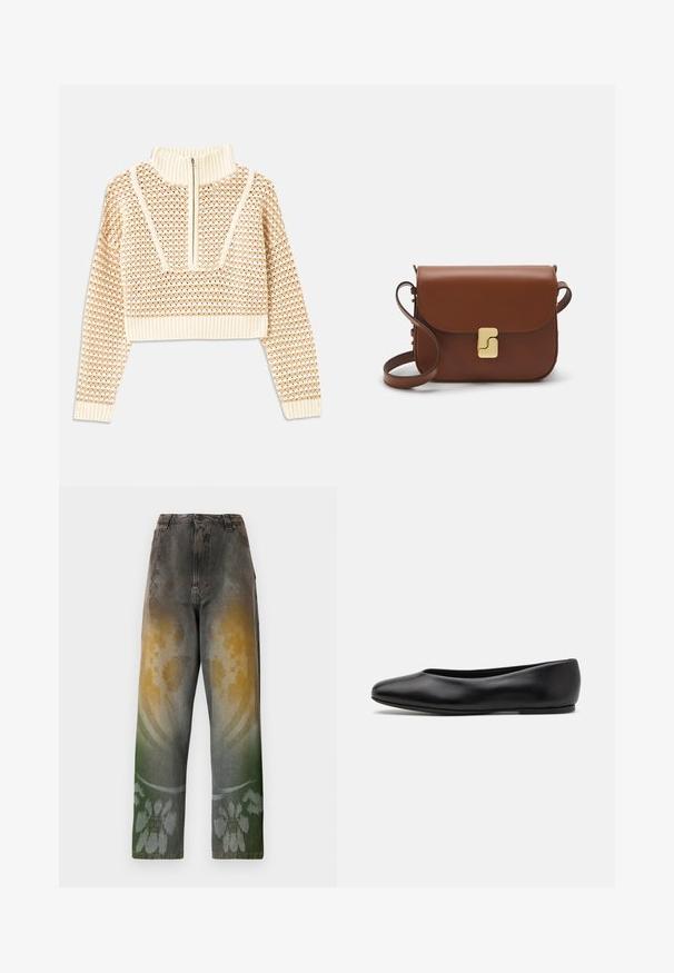 Helles, beigefarbenes, kurzes Sweatshirt mit einem Reißverschlusskragen, das ein strukturiertes Muster sowie gerippte Bündchen und Saum aufweist. Kombiniert Strick- und Webmaterialien.; Hoch-taillierte Jeans aus ausgebleichtem Denim mit einem Farbverlauf, der Gelb-, Grün- und Blautöne miteinander verbindet; florales Design nahe dem Saum.; Paul Smith TOPANGA - Klassischer Ballerina - black; Braune Ledertasche mit Klappenverschluss, Beschlägen in Goldfarbe, einem Schultergurt und einer glatten Oberfläche. Kompakte rechteckige Form.