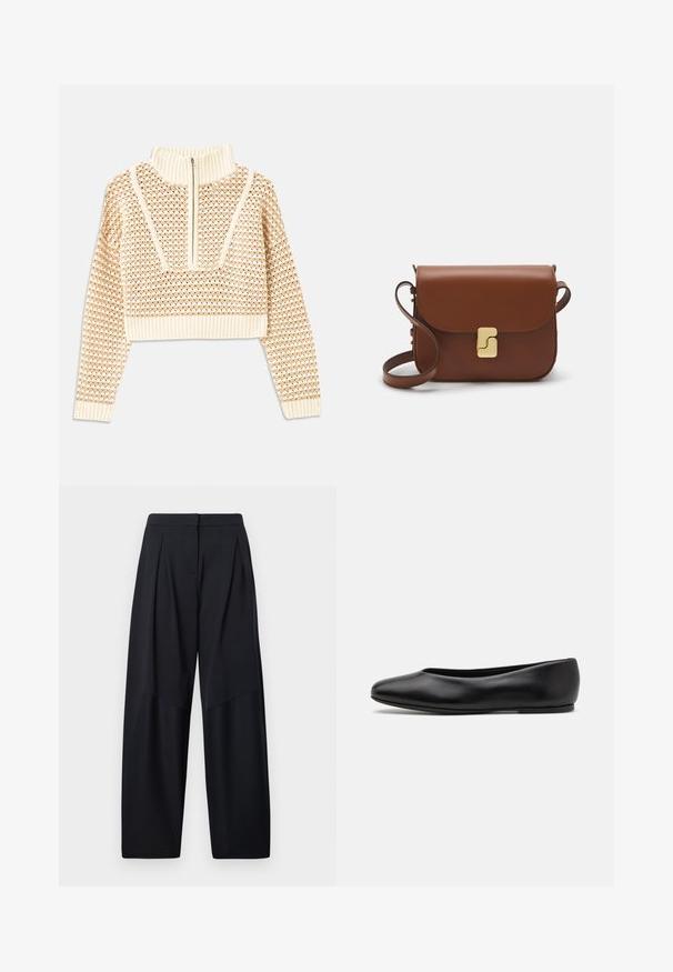Suéter corto de un beige claro con cuello tipo chimenea con cremallera, que presenta un patrón texturizado y puños y dobladillo acanalados. Combina materiales de punto y tejido.; Pantalones de pierna ancha en azul marino con pliegues en la parte delantera, fabricados con una tela suave y una cinturilla limpia para un aspecto ajustado.; Paul Smith TOPANGA - Bailarinas - black; Bolso de mano de cuero marrón con cierre de solapa, herrajes en tono dorado, correa para el hombro y una textura suave. Forma rectangular compacta.