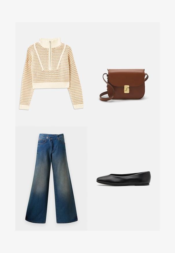 Svijetlo bež skraćeni džemper s rajsferšlusom i visokom ovratnikom, s teksturiranim uzorkom i rebrastim rukavima i rubom. Kombinira pletivo i tkaninu.; Kovrčave plave traperice širokih nogavica, izrađene od traper materijala, s blago izblijedjelim završetkom, vidljivim šavovima, dva prednja džepa i zatvaranjem na dugme.; Paul Smith TOPANGA - Balerinke - black; Smeđa kožna torba s preklopom, zlatnim detaljima, remenom za nošenje preko ramena i glatkom teksturom. Kompaktni pravokutni oblik.