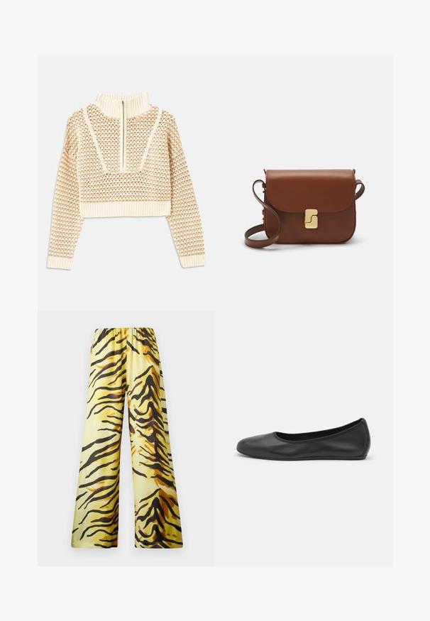 Licht beige cropped sweater met een ritskraag, voorzien van een textuurpatroon en geribde manchetten en onderrand. Combineert gebreide en geweven materialen.; Nanushka BRENDA - Broek - yellow; Zwarte leren ballerina met een ronde neus, gladde textuur, minimale stikdetails en een flexibele zoolontwerp.; Bruine leren handtas met een klep sluiting, gouden hardware, een schouderband en een gladde textuur. Compact rechthoekige vorm.
