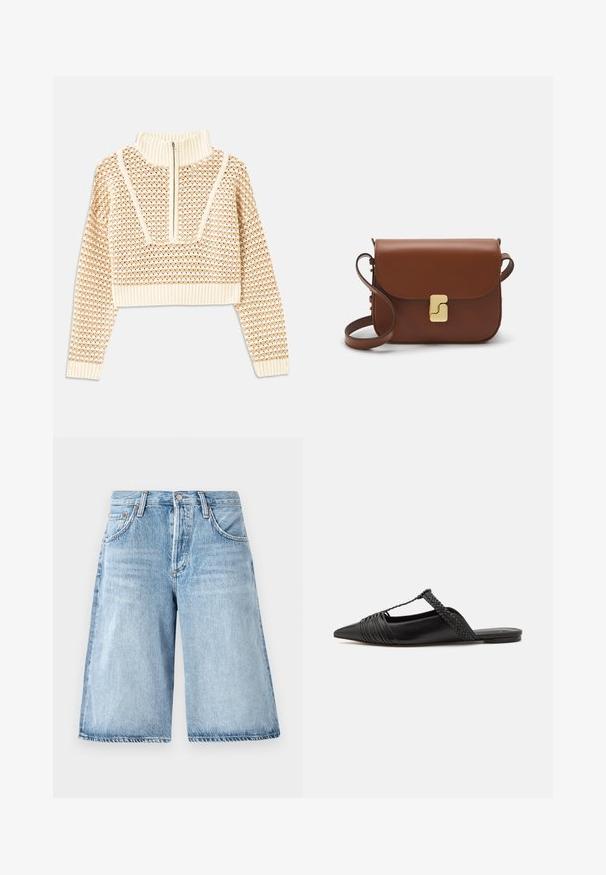 Sweater cropped de cor bege claro com gola alta com fecho, apresentando um padrão texturizado e mangas e bainha caneladas. Combina materiais tricotados e tecidos.; Calções de ganga azul claro com um corte largo, apresentando uma cintura alta, design de cinco bolsos e um ligeiro desbotamento no tecido.; Sapatilha slingback em couro preto com bico pontudo, apresentando um detalhe trançado e um design superior plissado. Sola plana com hardware mínimo.; Bolsa de couro castanho com fecho de aba, decoração em tom dourado, alça de ombro e textura suave. Formato retangular compacto.
