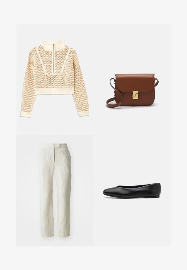 Light beige cropped sweater with a zippered mock neck, featuring a textured pattern and ribbed cuffs and hem. Combines knit and woven materials.; White linen trousers with a tailored fit, featuring a flat front and straight legs. Smooth texture with slight creasing detail.; Paul Smith TOPANGA - Ballet pumps - black; Brown leather handbag with a flap closure, gold-tone hardware, a shoulder strap, and a smooth texture. Compact rectangular shape.
