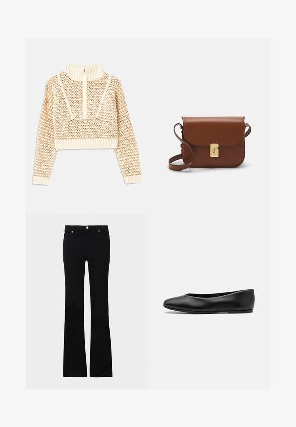 Light beige cropped sweater with a zippered mock neck, featuring a textured pattern and ribbed cuffs and hem. Combines knit and woven materials.; Black flared jeans made of denim, featuring two front pockets, a button closure, and a smooth texture. Signature stitching visible at seams.; Paul Smith TOPANGA - Ballet pumps - black; Brown leather handbag with a flap closure, gold-tone hardware, a shoulder strap, and a smooth texture. Compact rectangular shape.