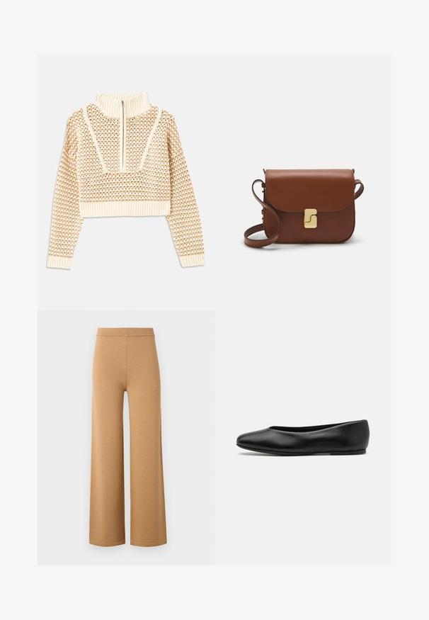 Sweater cropped de cor bege claro com gola alta com fecho, apresentando um padrão texturizado e mangas e bainha caneladas. Combina materiais tricotados e tecidos.; Calças largas, bege, feitas de um tecido macio e elástico, com uma cintura alta elástica e costuras limpas e simples.; Paul Smith TOPANGA - Sabrinas - black; Bolsa de couro castanho com fecho de aba, decoração em tom dourado, alça de ombro e textura suave. Formato retangular compacto.