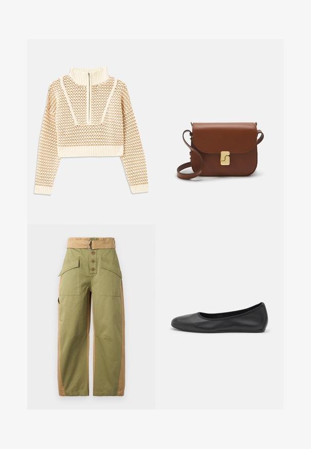 Suéter corto de un beige claro con cuello tipo chimenea con cremallera, que presenta un patrón texturizado y puños y dobladillo acanalados. Combina materiales de punto y tejido.; Pantalones cargo verde y beige con un corte holgado, múltiples bolsillos, cierre de botón y cintura con cinturón y detalle de anillo metálico.; Bailarina de piel negra con punta redondeada, textura suave, detalle de costura minimalista y diseño de suela flexible.; Bolso de mano de cuero marrón con cierre de solapa, herrajes en tono dorado, correa para el hombro y una textura suave. Forma rectangular compacta.