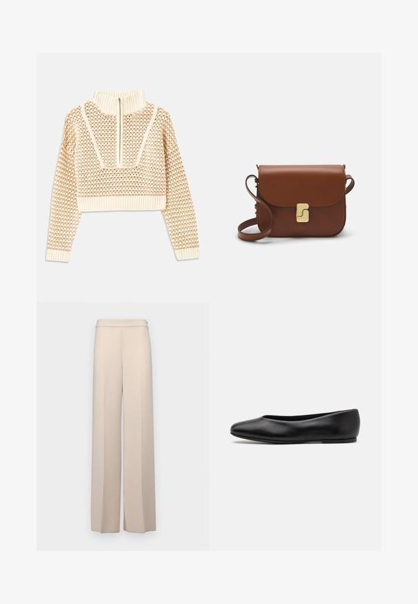 Vaalea beige lyhyt neulepusero, jossa on vetoketjukiinnitteinen korkea kaulus. Se esittelee teksturoidun kuosin ja ribbireunat hihoissa ja helmassaan. Yhdistelmä neulotusta ja kudotusta materiaalista.; Beige leveled pants in a smooth fabric, featuring a high waist and subtle front pleats. No pockets or visible hardware details.; Paul Smith TOPANGA - Ballerinat - black; Ruskea nahkainen käsilaukku, jossa on läppäkiinnitys, kultasävyiset yksityiskohdat, olkahihna ja sileä pinta. Kompaktin suorakaiteen muotoinen.