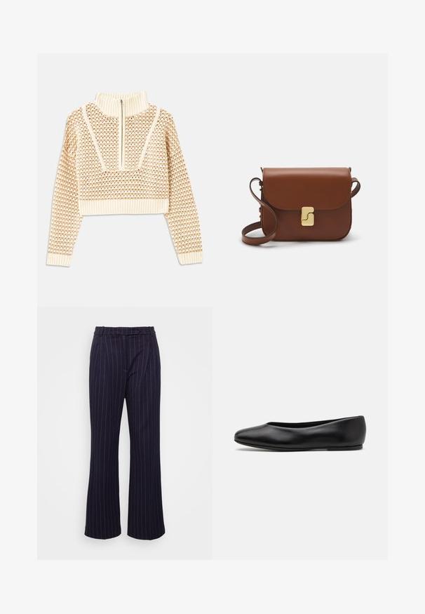 Light beige cropped sweater with a zippered mock neck, featuring a textured pattern and ribbed cuffs and hem. Combines knit and woven materials.; DESIGNERS REMIX ZOE PANTS - Trousers - navy/white; Paul Smith TOPANGA - Ballet pumps - black; Brown leather handbag with a flap closure, gold-tone hardware, a shoulder strap, and a smooth texture. Compact rectangular shape.