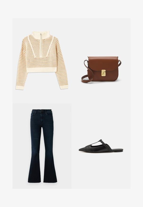 Vaalea beige lyhyt neulepusero, jossa on vetoketjukiinnitteinen korkea kaulus. Se esittelee teksturoidun kuosin ja ribbireunat hihoissa ja helmassaan. Yhdistelmä neulotusta ja kudotusta materiaalista.; Tummaa sinisiä leveälahkeisia farkkuja, joissa on korkea vyötärö, tavalliset taskut ja hienoinen haalistuminen kankaan pinnassa.; Musta nahkasandaali, jossa on terävä kärki, somistettuna kudotulla yksityiskohdalla ja pleatatuilla yläosilla. Litteä pohja, jossa on vähäisiä tarvikkeita.; Ruskea nahkainen käsilaukku, jossa on läppäkiinnitys, kultasävyiset yksityiskohdat, olkahihna ja sileä pinta. Kompaktin suorakaiteen muotoinen.