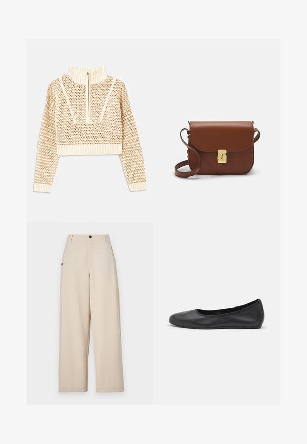 Gaišas bezgaismas īsais džemperis ar rāvējslēdzēju un stāvošu apkakli, ar faktūru rakstu un ribinātām piedurknēm un apakšmalu. Apvieno adītus un audumus.; Beige platleņu bikses, izgatavotas no mīksta auduma, ar priekšējo pogu aizdari, sānu kabatām un brīvu piegriezumu.; Melna ādas baleta kurpe ar noapaļotu purngalu, gludu tekstūru, minimālu šuvju detalizāciju un elastīgu zoles dizainu.; Bordo ādas rokas soma ar atloku, zeltītām detaļām, plecu siksnu un gludu virsmu. Kompakta, taisnstūrveida forma.