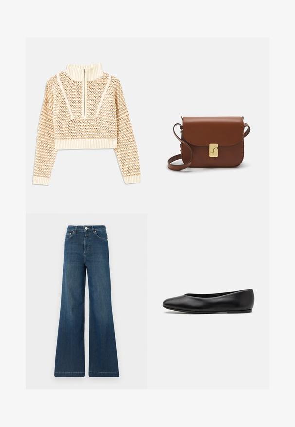 Light beige cropped sweater with a zippered mock neck, featuring a textured pattern and ribbed cuffs and hem. Combines knit and woven materials.; Wide-leg jeans in dark blue denim, featuring a high waist, copper hardware, and subtle fading. Clean hem with no additional patterns.; Paul Smith TOPANGA - Ballet pumps - black; Brown leather handbag with a flap closure, gold-tone hardware, a shoulder strap, and a smooth texture. Compact rectangular shape.
