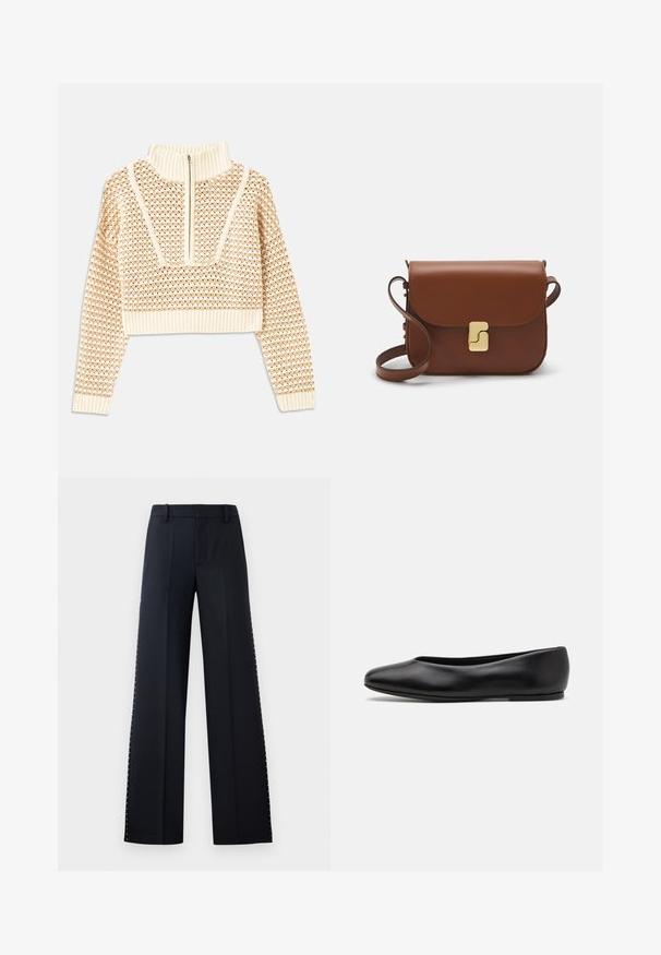 Light beige cropped sweater with a zippered mock neck, featuring a textured pattern and ribbed cuffs and hem. Combines knit and woven materials.; Wide-leg trousers in black. Tailored fit with a smooth texture. Features a row of metallic studs along the side seams for detail.; Paul Smith TOPANGA - Ballet pumps - black; Brown leather handbag with a flap closure, gold-tone hardware, a shoulder strap, and a smooth texture. Compact rectangular shape.