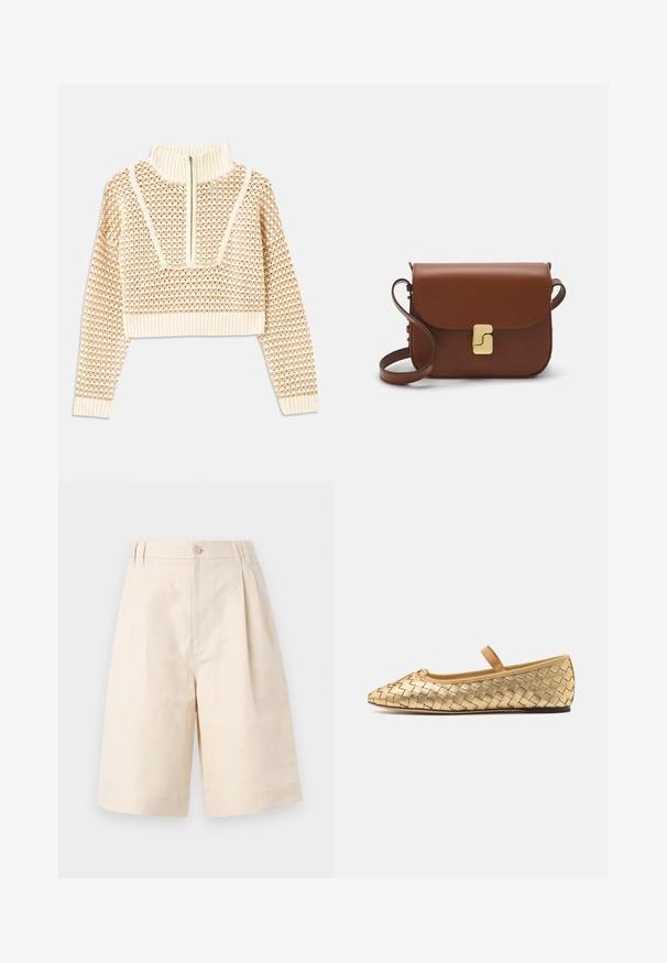 Light beige cropped sweater with a zippered mock neck, featuring a textured pattern and ribbed cuffs and hem. Combines knit and woven materials.; Beige linen shorts with a relaxed fit, featuring a button closure, pleated design, and knee-length cut. Smooth texture and simple style.; Loeffler Randall LEONIE SOFT BALLET FLAT - Ankle strap ballet pumps - gold; Brown leather handbag with a flap closure, gold-tone hardware, a shoulder strap, and a smooth texture. Compact rectangular shape.