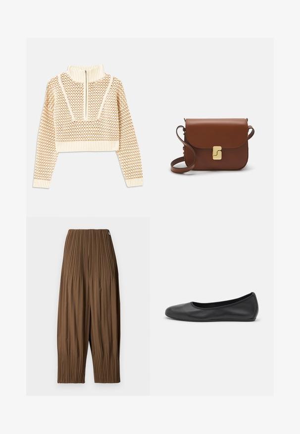 Light beige cropped sweater with a zippered mock neck, featuring a textured pattern and ribbed cuffs and hem. Combines knit and woven materials.; Brown pleated pants with a loose fit, featuring an elastic waistband and structured below-knee length. Smooth, lightweight fabric texture.; Black leather ballet flat with a rounded toe, smooth texture, minimal stitching detail, and a flexible sole design.; Brown leather handbag with a flap closure, gold-tone hardware, a shoulder strap, and a smooth texture. Compact rectangular shape.