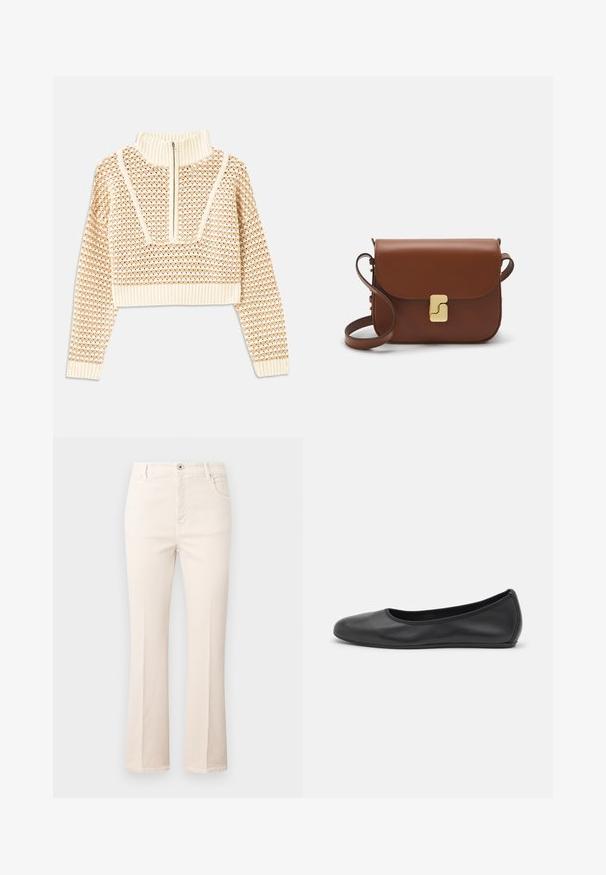 Light beige cropped sweater with a zippered mock neck, featuring a textured pattern and ribbed cuffs and hem. Combines knit and woven materials.; Flared beige jeans made of cotton, featuring a high waist, five pockets, a button closure, and subtle stitching details.; Black leather ballet flat with a rounded toe, smooth texture, minimal stitching detail, and a flexible sole design.; Brown leather handbag with a flap closure, gold-tone hardware, a shoulder strap, and a smooth texture. Compact rectangular shape.