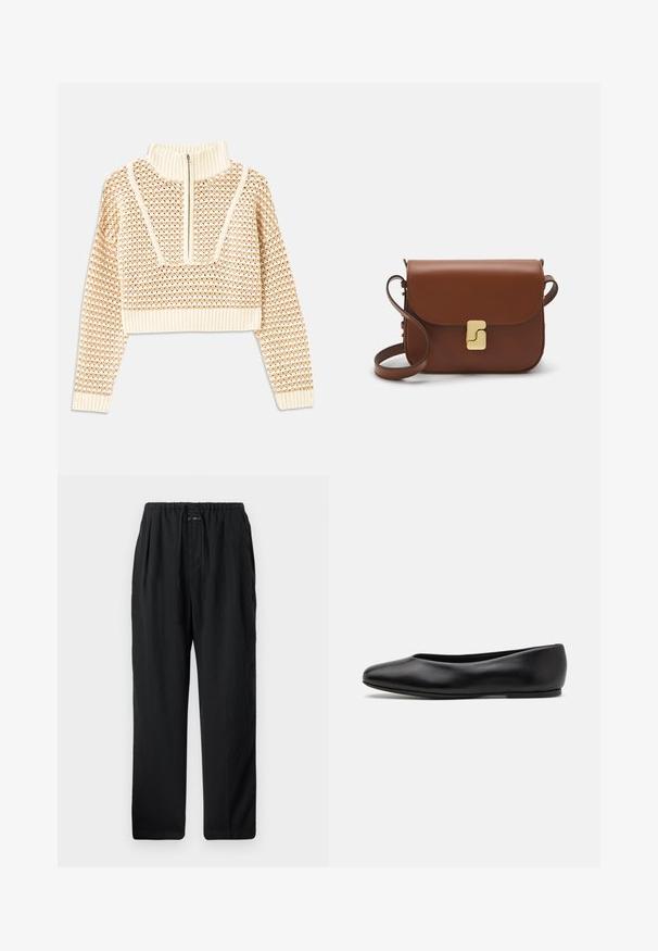 Light beige cropped sweater with a zippered mock neck, featuring a textured pattern and ribbed cuffs and hem. Combines knit and woven materials.; Black, lightweight trousers with a relaxed fit. Features an elastic waistband with a drawstring, no visible pockets, and a smooth texture.; Paul Smith TOPANGA - Ballet pumps - black; Brown leather handbag with a flap closure, gold-tone hardware, a shoulder strap, and a smooth texture. Compact rectangular shape.